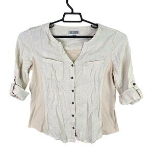 Womens JM Collection Beige Linen Blend Shirt Button Up Roll Tab Sleeve V Neck 8